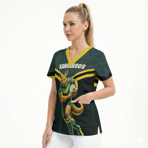 Personalised Kangaroos Rugby Scrub Top Australia Rugby Mascot Green Gold Sport
