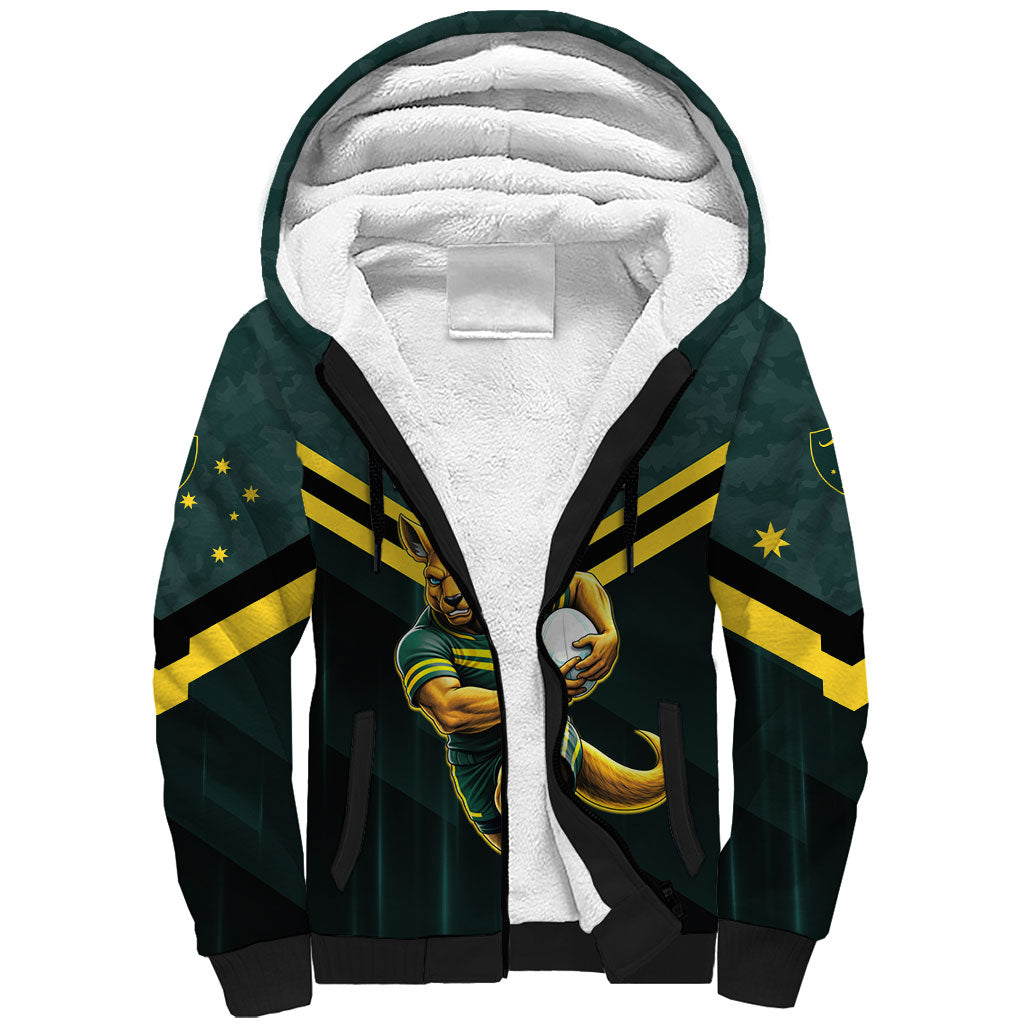 Personalised Kangaroos Rugby Sherpa Hoodie Australia Rugby Mascot Green Gold Sport