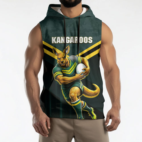 Personalised Kangaroos Rugby Sleeveless Hoodie Australia Rugby Mascot Green Gold Sport