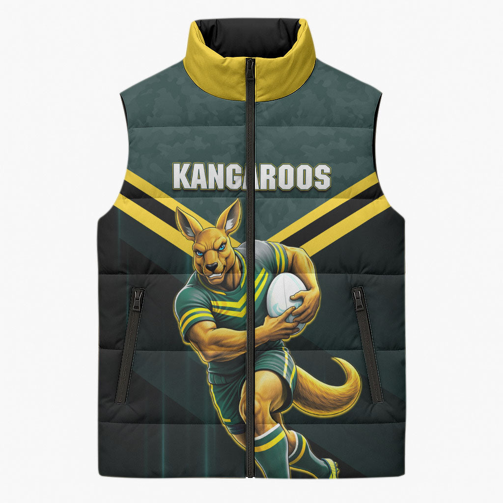 Personalised Kangaroos Rugby Sleeveless Puffer Jacket Australia Rugby Mascot Green Gold Sport