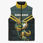 Personalised Kangaroos Rugby Sleeveless Puffer Jacket Australia Rugby Mascot Green Gold Sport
