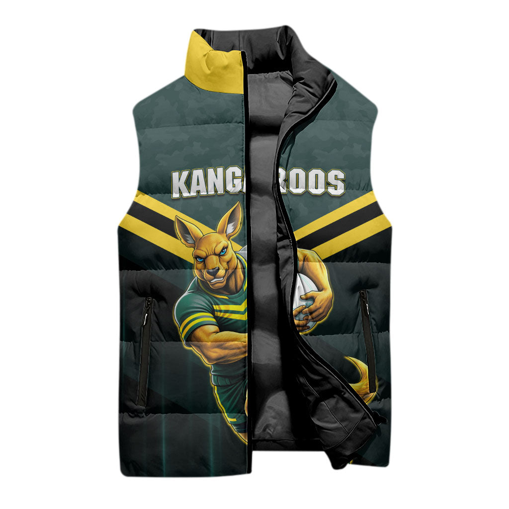 Personalised Kangaroos Rugby Sleeveless Puffer Jacket Australia Rugby Mascot Green Gold Sport