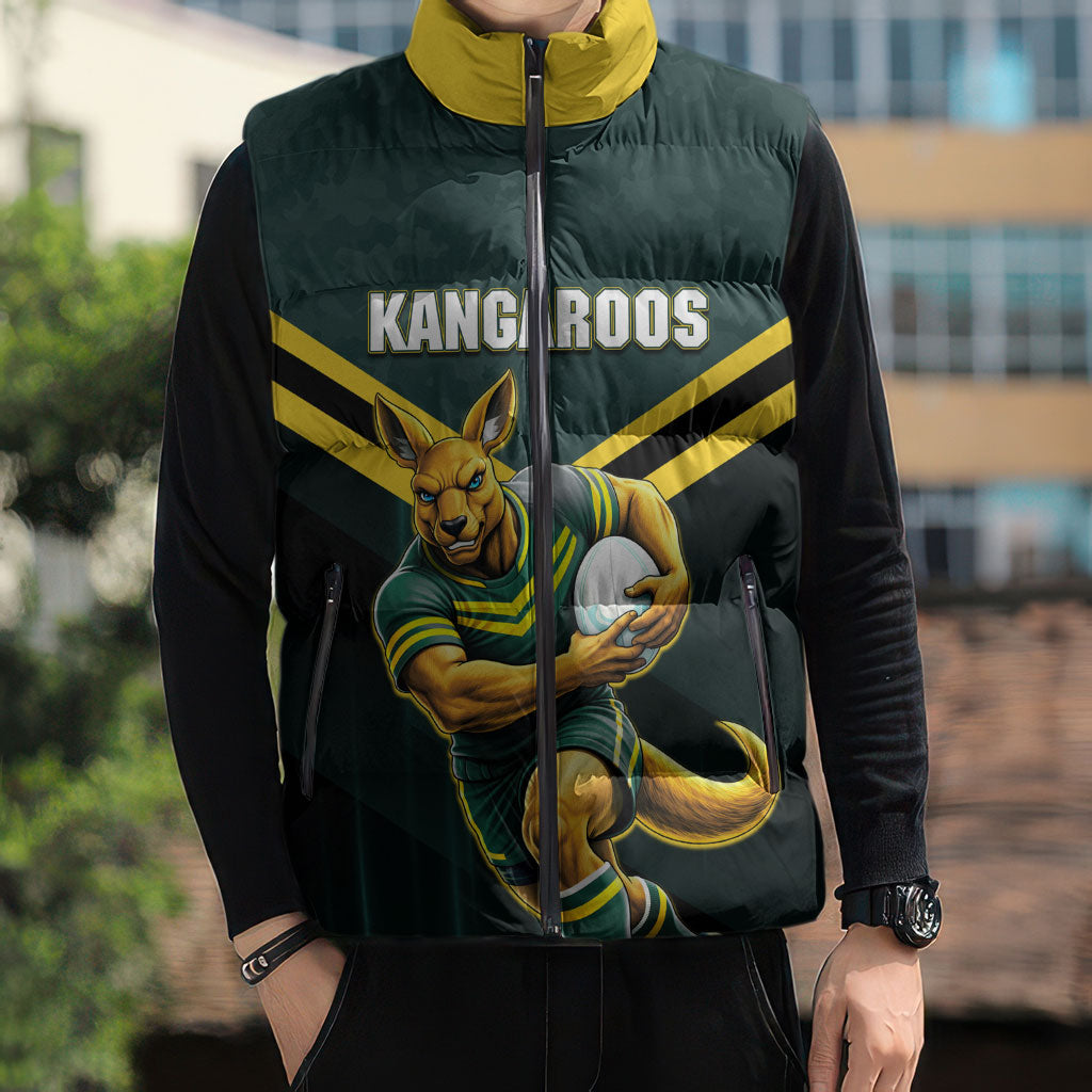 Personalised Kangaroos Rugby Sleeveless Puffer Jacket Australia Rugby Mascot Green Gold Sport