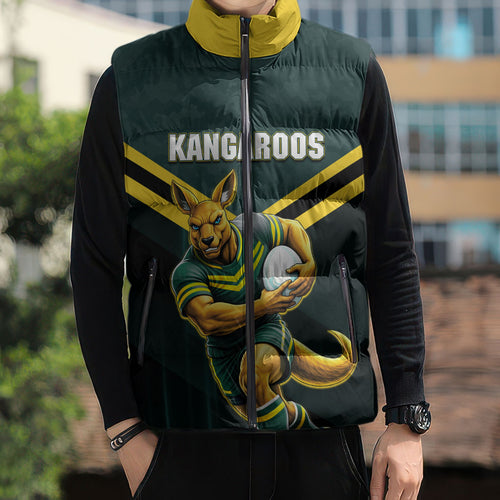 Personalised Kangaroos Rugby Sleeveless Puffer Jacket Australia Rugby Mascot Green Gold Sport