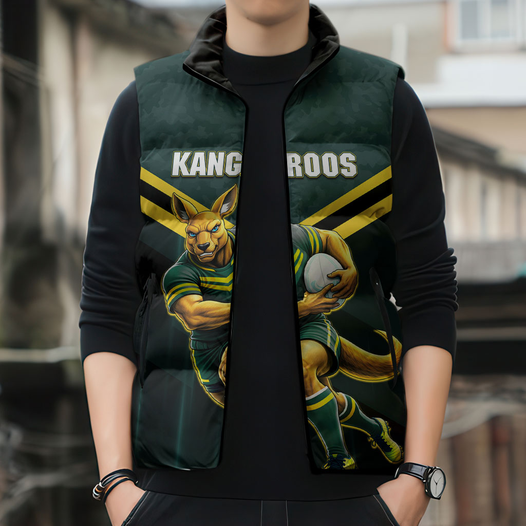 Personalised Kangaroos Rugby Sleeveless Puffer Jacket Australia Rugby Mascot Green Gold Sport