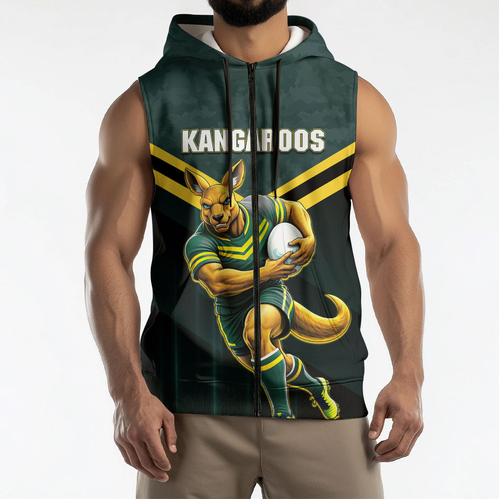 Personalised Kangaroos Rugby Sleeveless Zip Hoodie Australia Rugby Mascot Green Gold Sport