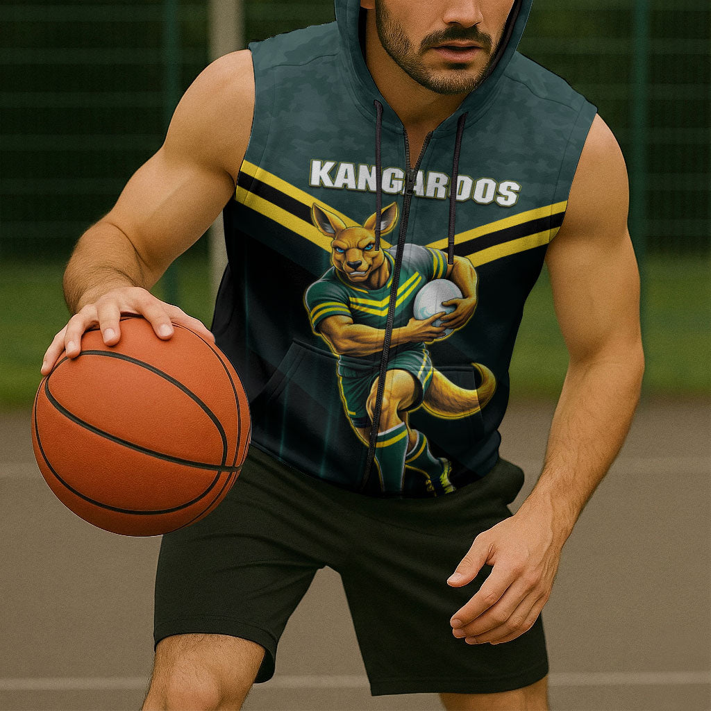 Personalised Kangaroos Rugby Sleeveless Zip Hoodie Australia Rugby Mascot Green Gold Sport