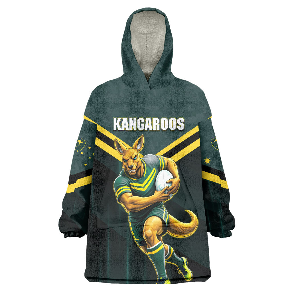 Personalised Kangaroos Rugby Wearable Blanket Hoodie Australia Rugby Mascot Green Gold Sport