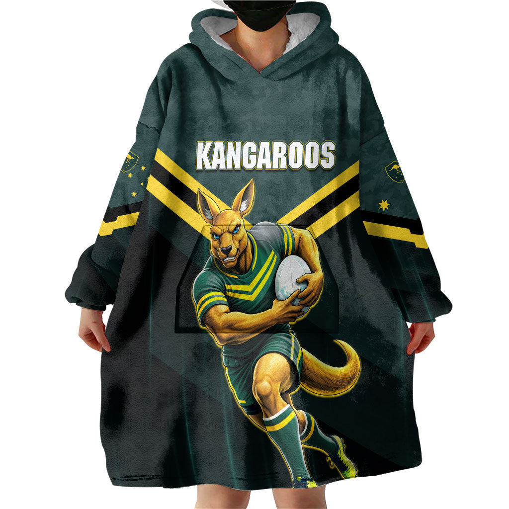 Personalised Kangaroos Rugby Wearable Blanket Hoodie Australia Rugby Mascot Green Gold Sport