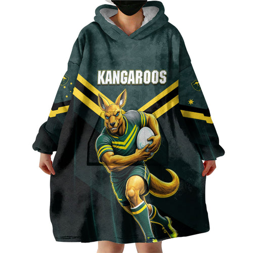 Personalised Kangaroos Rugby Wearable Blanket Hoodie Australia Rugby Mascot Green Gold Sport