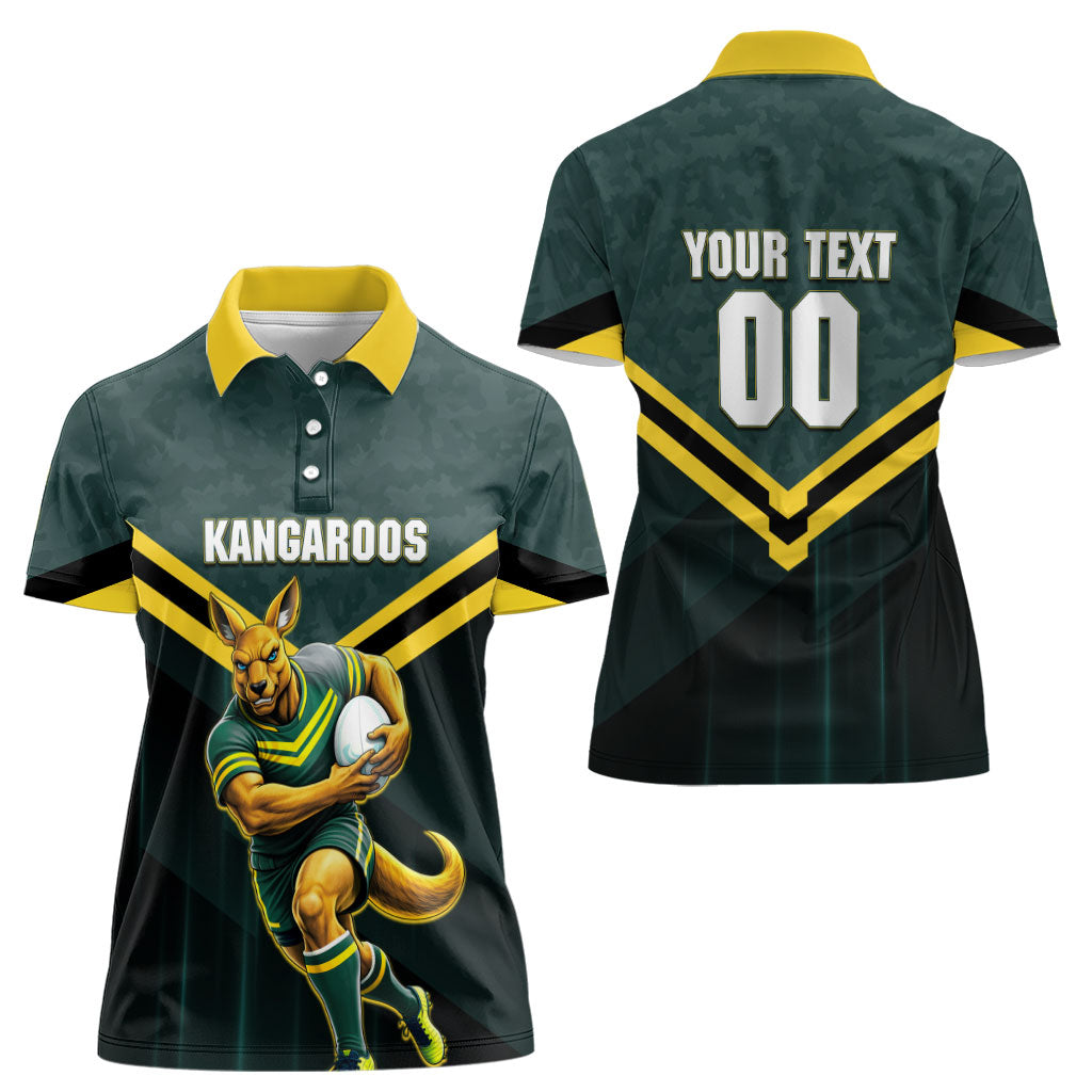 Personalised Kangaroos Rugby Women Polo Shirt Australia Rugby Mascot Green Gold Sport