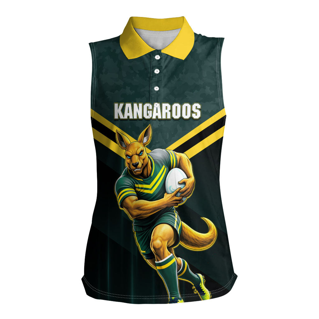 Personalised Kangaroos Rugby Women Sleeveless Polo Shirt Australia Rugby Mascot Green Gold Sport