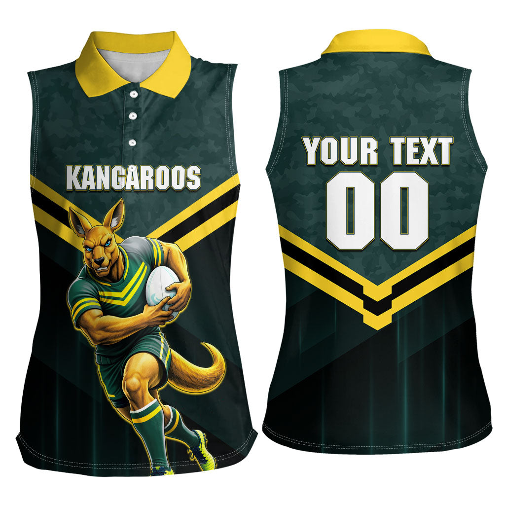 Personalised Kangaroos Rugby Women Sleeveless Polo Shirt Australia Rugby Mascot Green Gold Sport