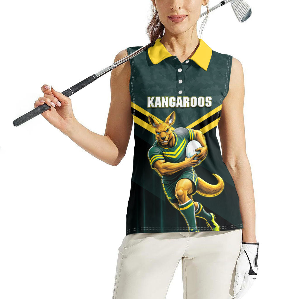 Personalised Kangaroos Rugby Women Sleeveless Polo Shirt Australia Rugby Mascot Green Gold Sport