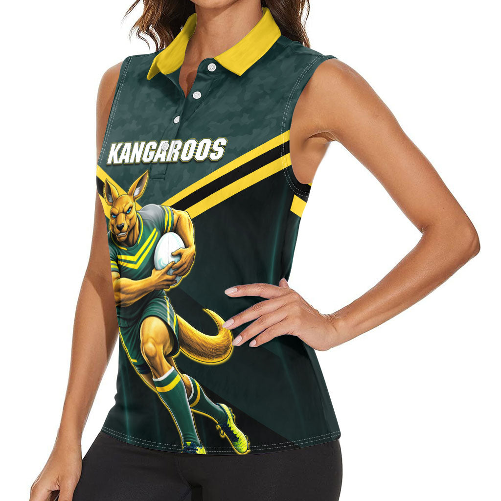 Personalised Kangaroos Rugby Women Sleeveless Polo Shirt Australia Rugby Mascot Green Gold Sport