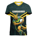 Personalised Kangaroos Rugby Women V-Neck T-Shirt Australia Rugby Mascot Green Gold Sport