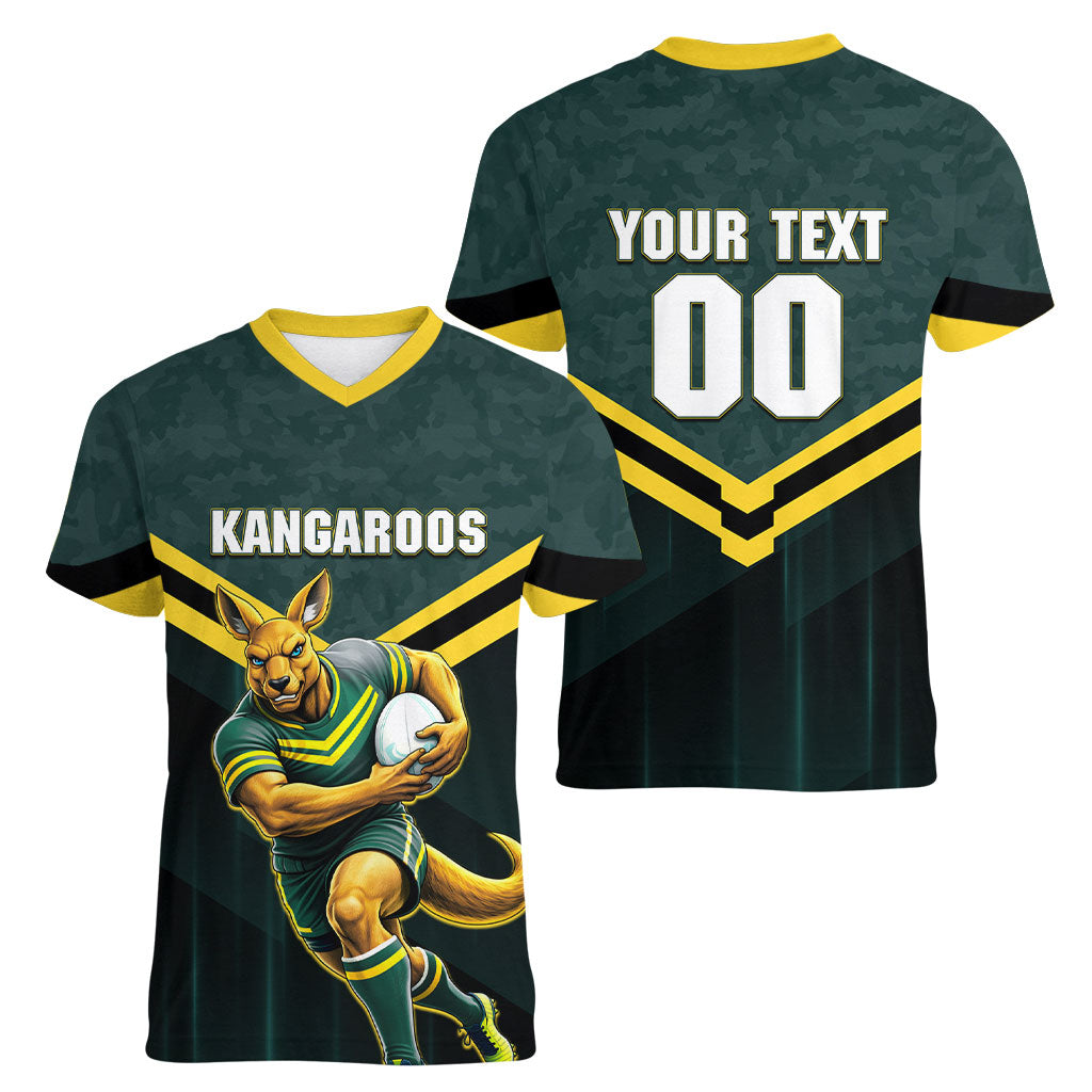Personalised Kangaroos Rugby Women V-Neck T-Shirt Australia Rugby Mascot Green Gold Sport