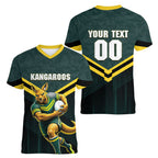 Personalised Kangaroos Rugby Women V-Neck T-Shirt Australia Rugby Mascot Green Gold Sport