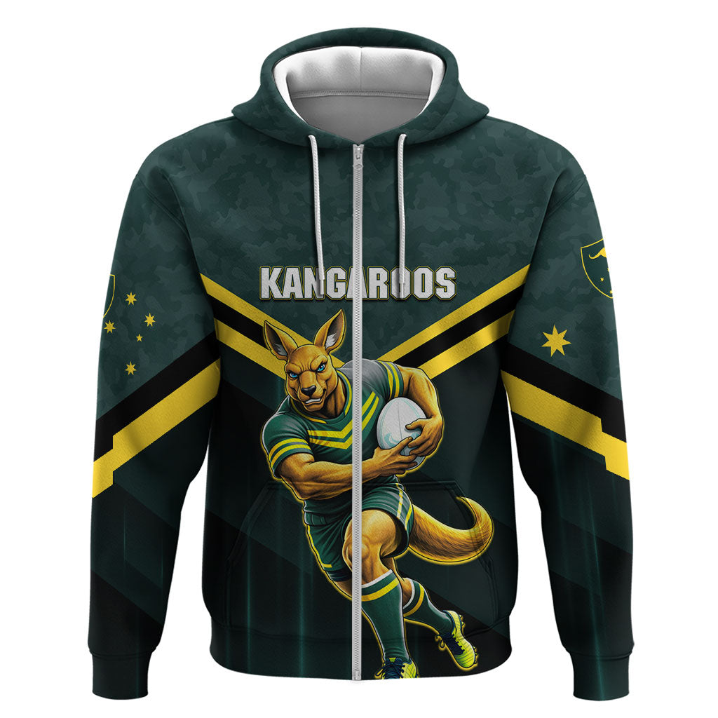Personalised Kangaroos Rugby Zip Hoodie Australia Rugby Mascot Green Gold Sport