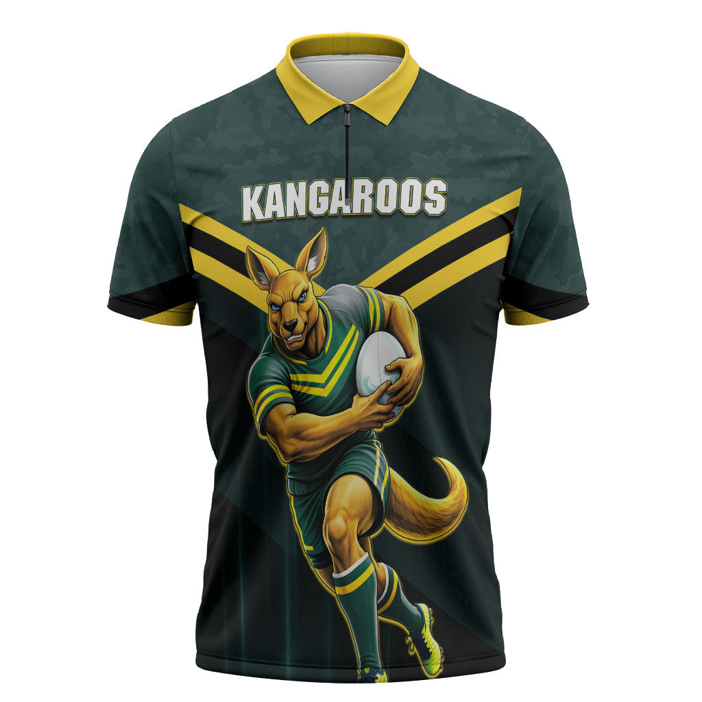 Personalised Kangaroos Rugby Zipper Polo Shirt Australia Rugby Mascot Green Gold Sport