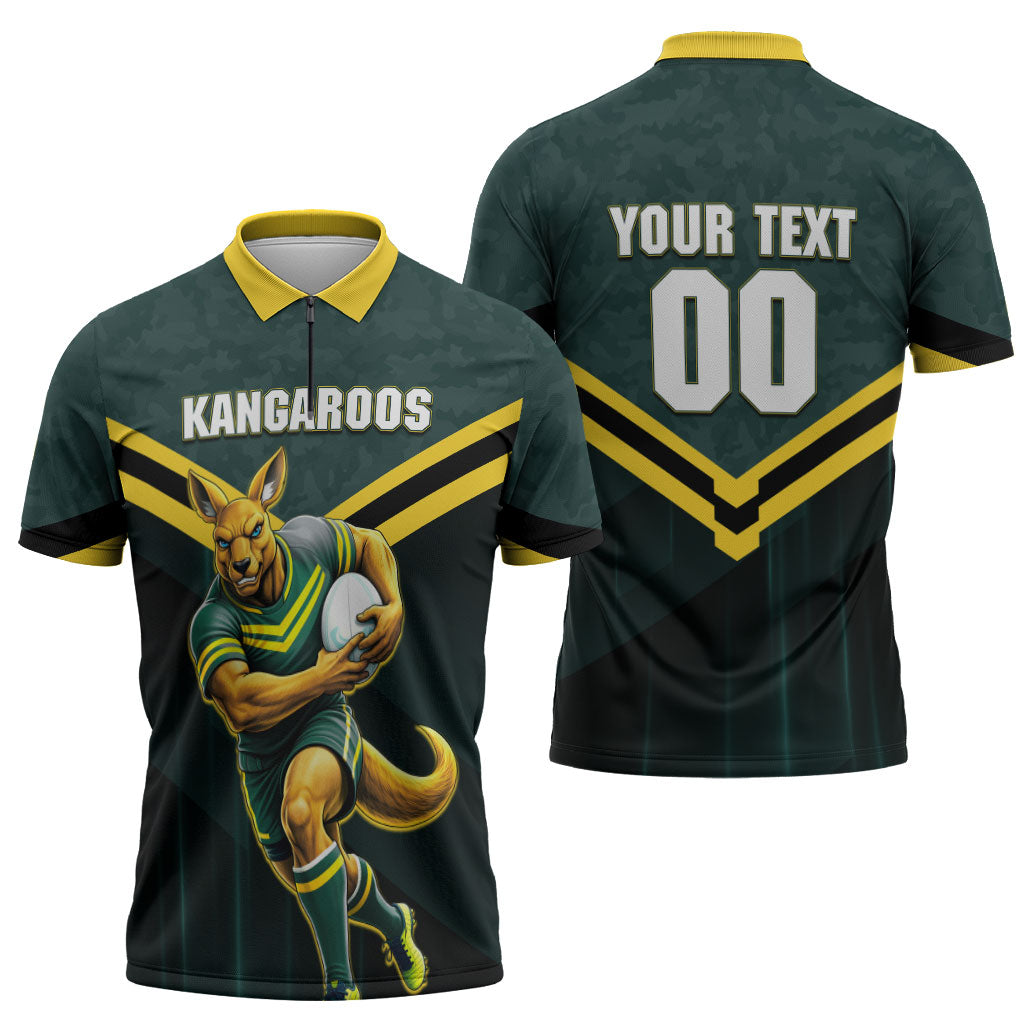 Personalised Kangaroos Rugby Zipper Polo Shirt Australia Rugby Mascot Green Gold Sport