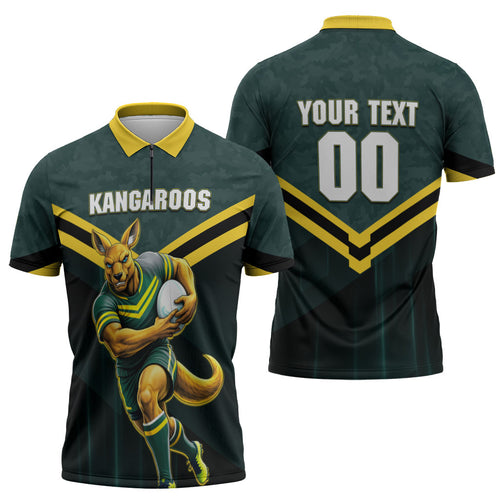 Personalised Kangaroos Rugby Zipper Polo Shirt Australia Rugby Mascot Green Gold Sport