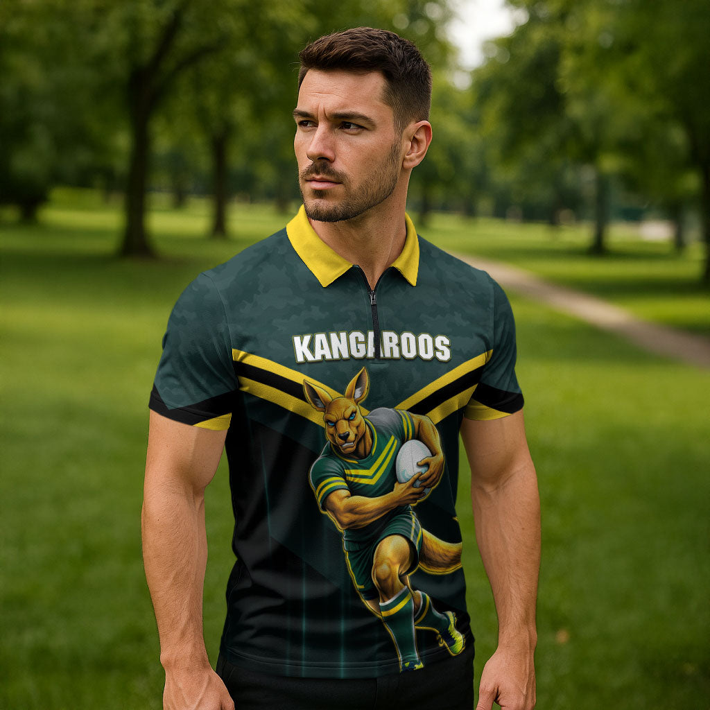 Personalised Kangaroos Rugby Zipper Polo Shirt Australia Rugby Mascot Green Gold Sport