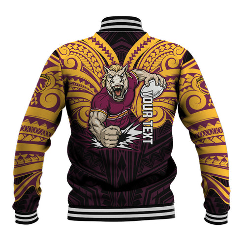 Custom Brisbane Broncos Baseball Jacket Horse Warrior Polynesia Islander Rugby Mascot