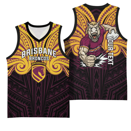 Custom Brisbane Broncos Basketball Jersey Horse Warrior Polynesia Islander Rugby Mascot