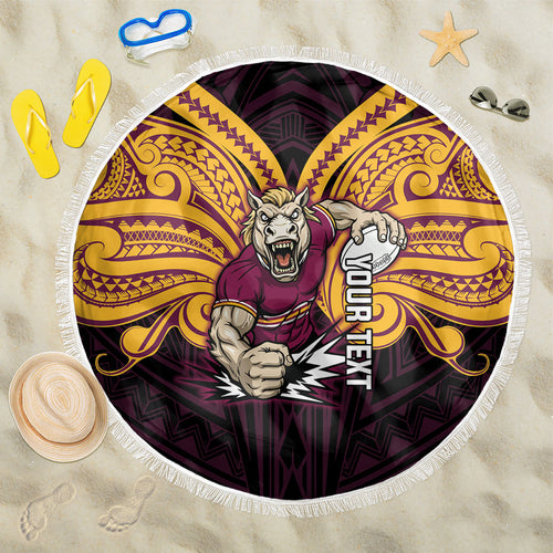 Custom Brisbane Broncos Beach Blanket Horse Warrior Polynesia Islander Rugby Mascot