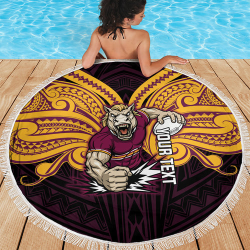 Custom Brisbane Broncos Beach Blanket Horse Warrior Polynesia Islander Rugby Mascot