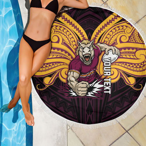 Custom Brisbane Broncos Beach Blanket Horse Warrior Polynesia Islander Rugby Mascot