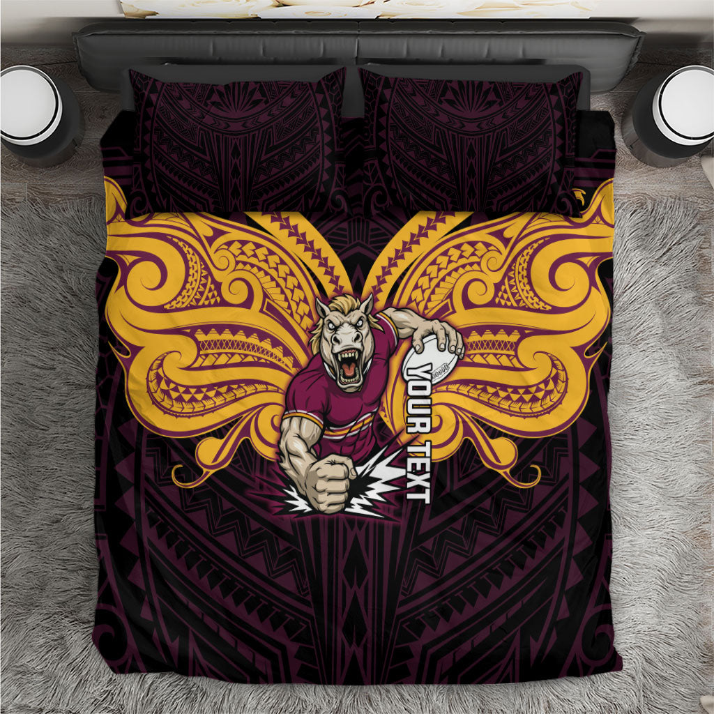 Custom Brisbane Broncos Bedding Set Horse Warrior Polynesia Islander Rugby Mascot