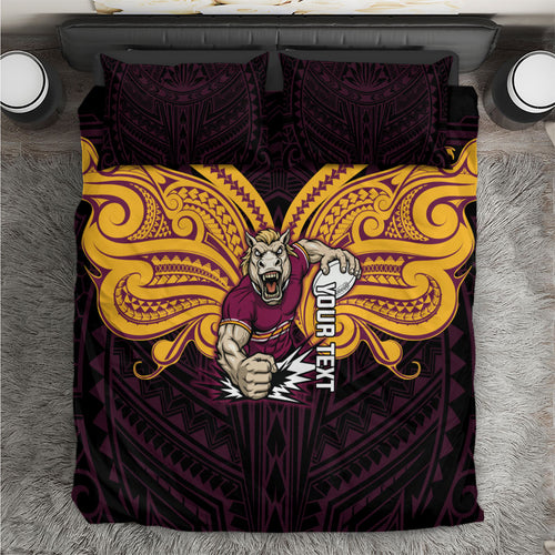 Custom Brisbane Broncos Bedding Set Horse Warrior Polynesia Islander Rugby Mascot