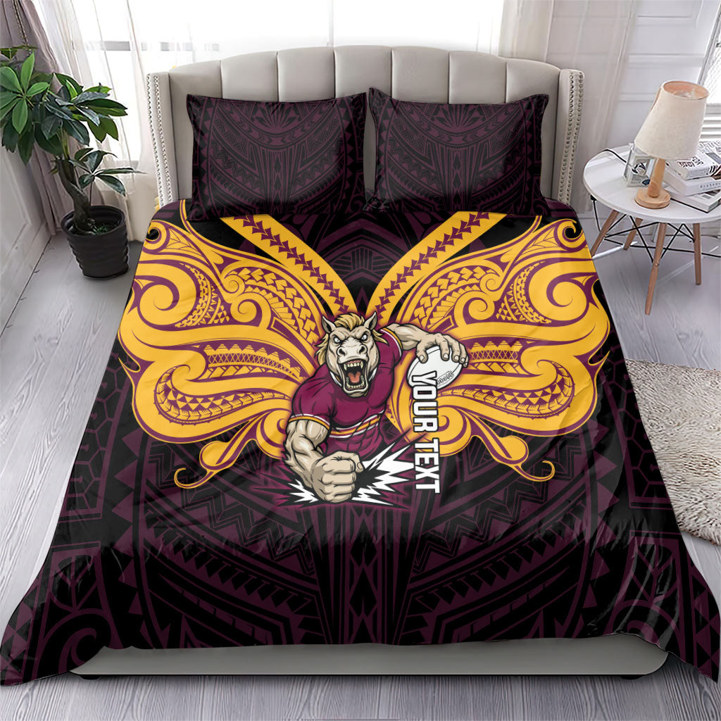 Custom Brisbane Broncos Bedding Set Horse Warrior Polynesia Islander Rugby Mascot