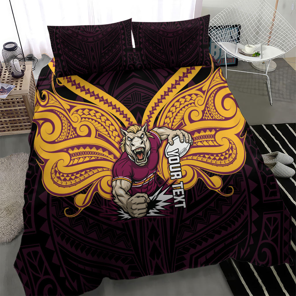 Custom Brisbane Broncos Bedding Set Horse Warrior Polynesia Islander Rugby Mascot