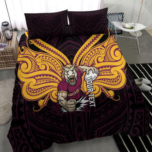 Custom Brisbane Broncos Bedding Set Horse Warrior Polynesia Islander Rugby Mascot