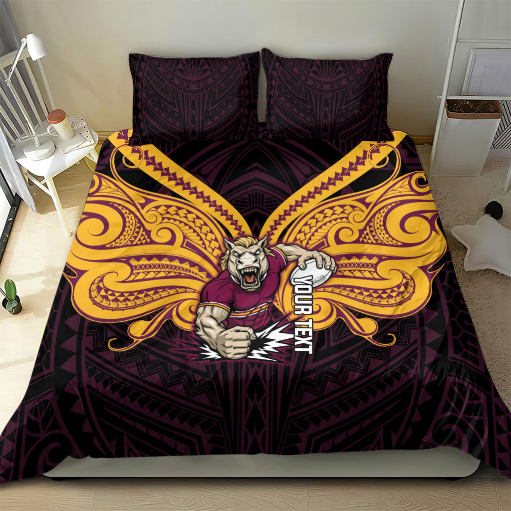 Custom Brisbane Broncos Bedding Set Horse Warrior Polynesia Islander Rugby Mascot