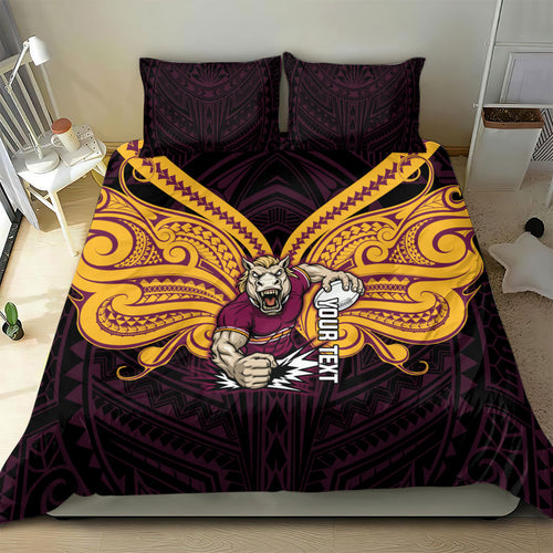 Custom Brisbane Broncos Bedding Set Horse Warrior Polynesia Islander Rugby Mascot