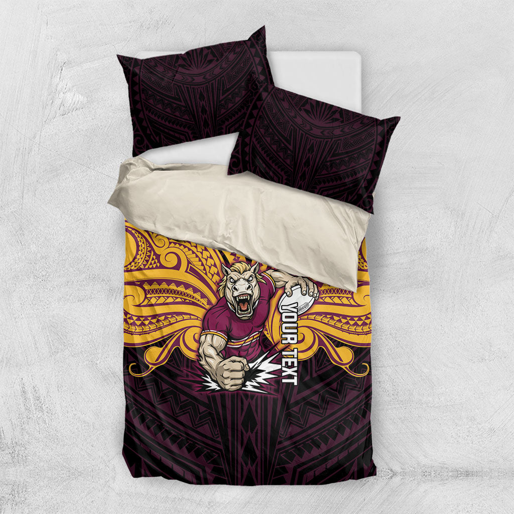 Custom Brisbane Broncos Bedding Set Horse Warrior Polynesia Islander Rugby Mascot