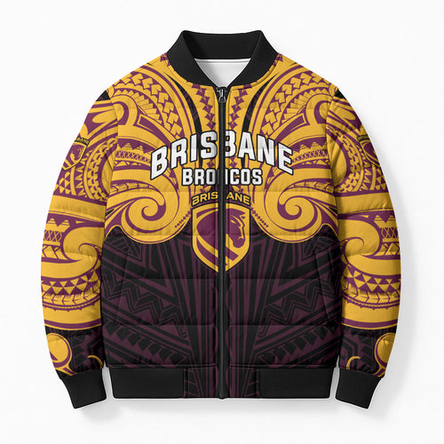 Custom Brisbane Broncos Bomber Puffer Jacket Horse Warrior Polynesia Islander Rugby Mascot