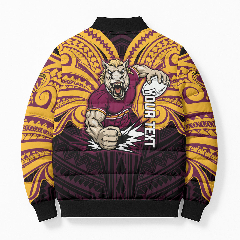 Custom Brisbane Broncos Bomber Puffer Jacket Horse Warrior Polynesia Islander Rugby Mascot