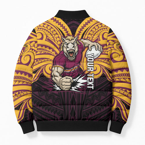 Custom Brisbane Broncos Bomber Puffer Jacket Horse Warrior Polynesia Islander Rugby Mascot