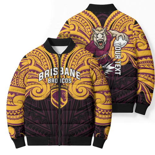 Custom Brisbane Broncos Bomber Puffer Jacket Horse Warrior Polynesia Islander Rugby Mascot
