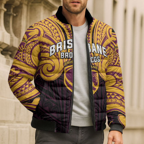 Custom Brisbane Broncos Bomber Puffer Jacket Horse Warrior Polynesia Islander Rugby Mascot