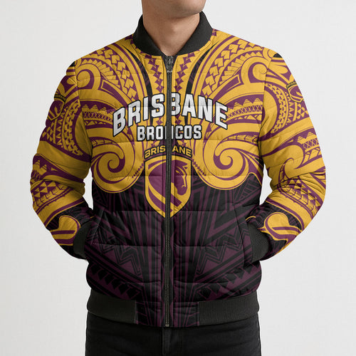 Custom Brisbane Broncos Bomber Puffer Jacket Horse Warrior Polynesia Islander Rugby Mascot