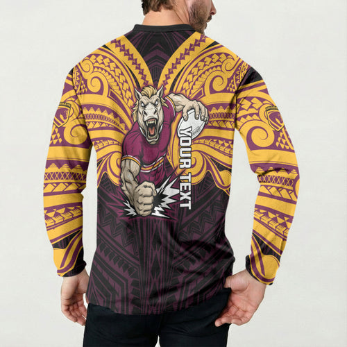 Custom Brisbane Broncos Button Sweatshirt Horse Warrior Polynesia Islander Rugby Mascot
