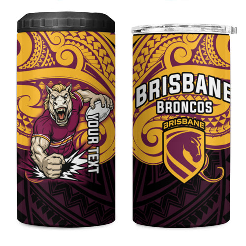 Custom Brisbane Broncos 4 in 1 Can Cooler Tumbler Horse Warrior Polynesia Islander Rugby Mascot