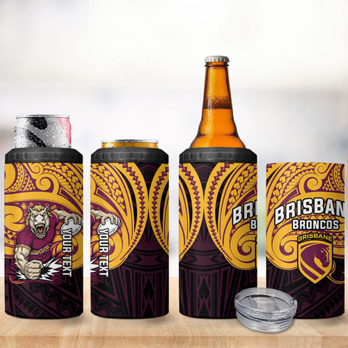 Custom Brisbane Broncos 4 in 1 Can Cooler Tumbler Horse Warrior Polynesia Islander Rugby Mascot