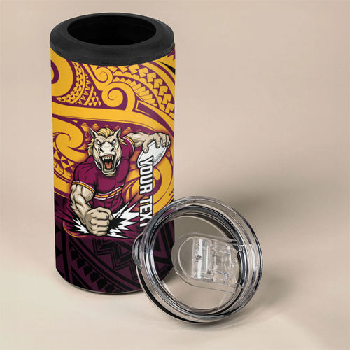 Custom Brisbane Broncos 4 in 1 Can Cooler Tumbler Horse Warrior Polynesia Islander Rugby Mascot